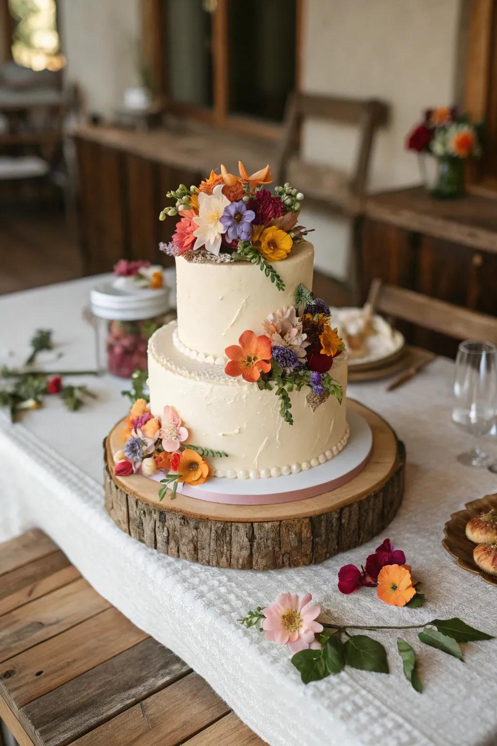 A cake embellished with edible flowers for a delightful touch.
