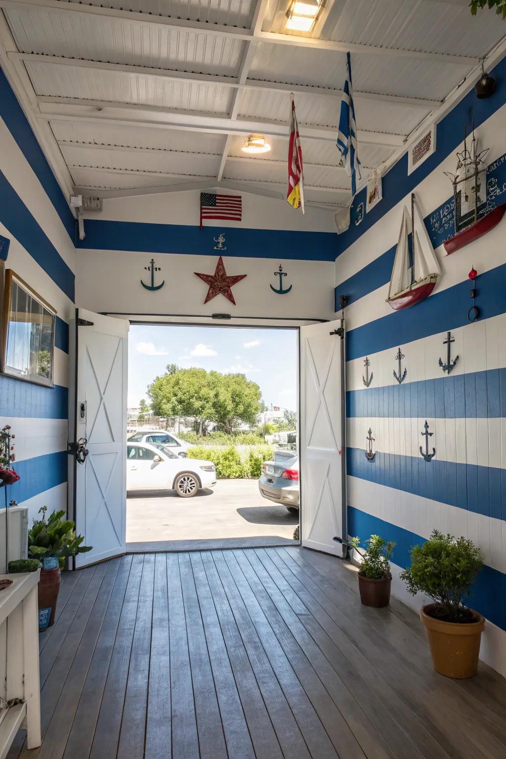 Azure and white for a soothing, serene garage atmosphere.