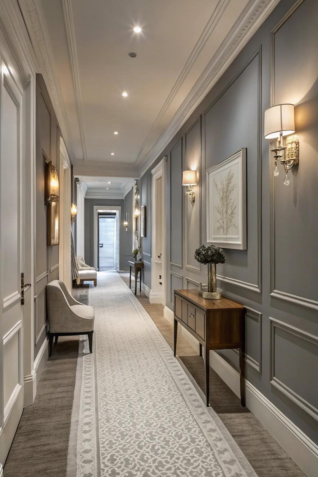 Hallway showcasing a refined ton sur ton wall design.