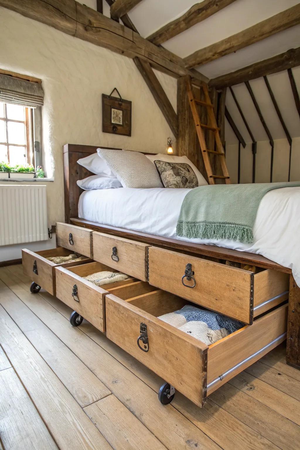 Elevate repurposed vintage drawers into chic under-bed storage.