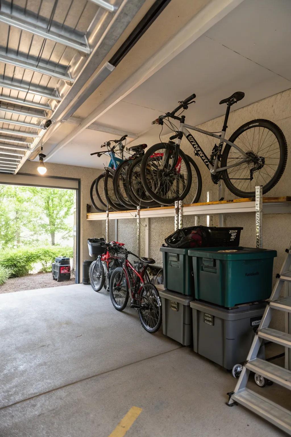 Overhead racks keep items off the floor, maximizing vertical space use.
