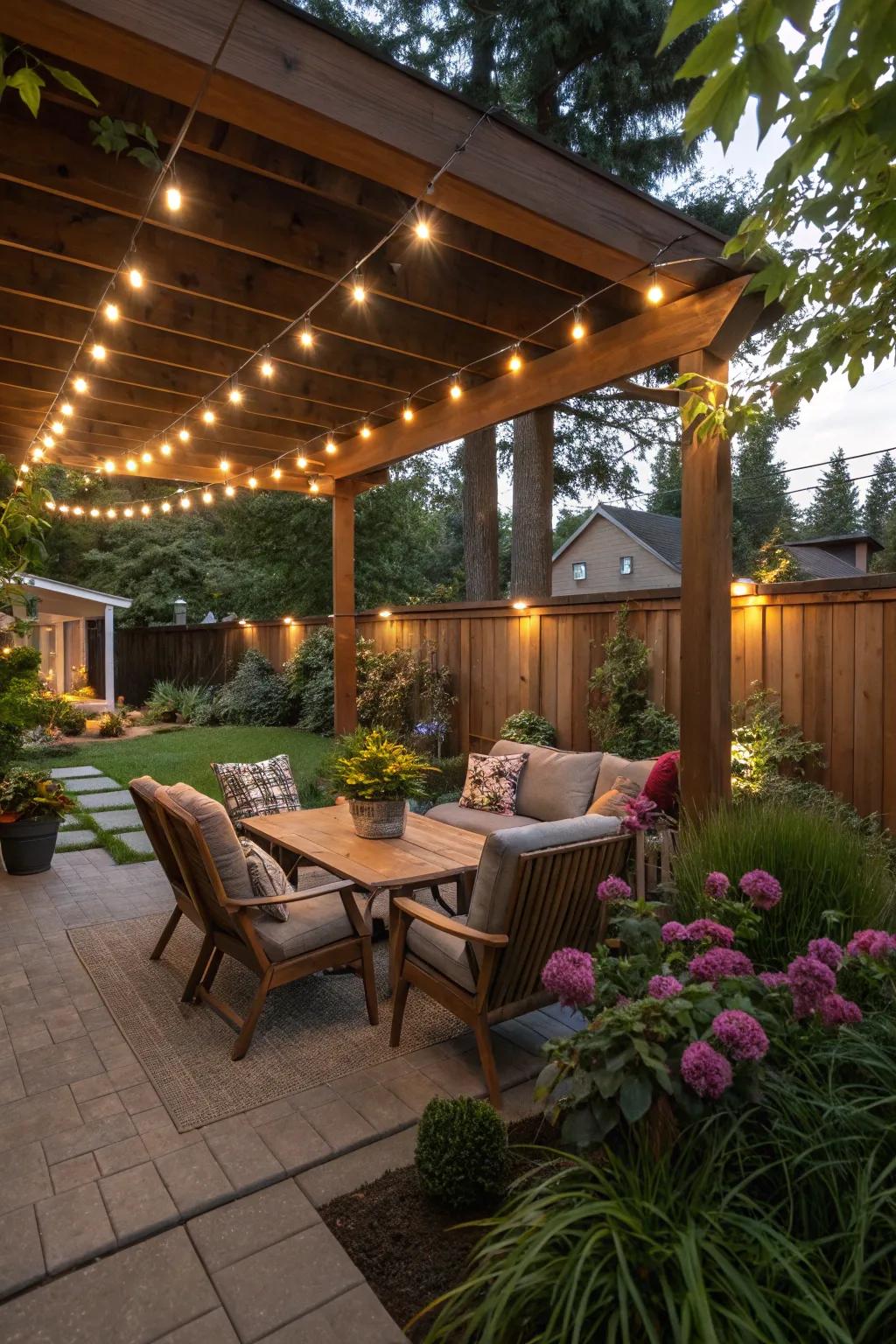 Subtle lighting under the eaves cultivates a soothing atmosphere outdoors.