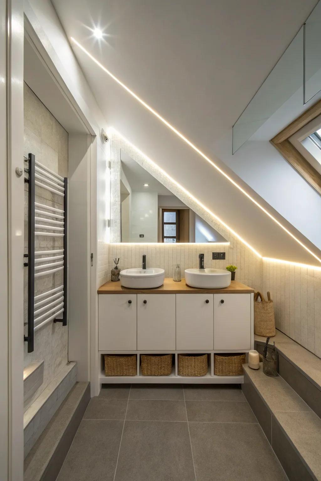 A washroom under the stairs illuminated with LED strip lighting for a modern effect.