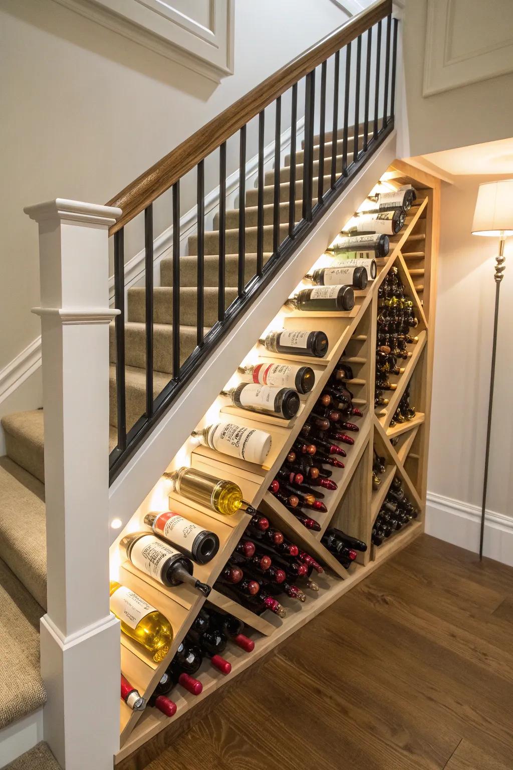 Chic vino storage beneath the stairs is both functional and stylish.