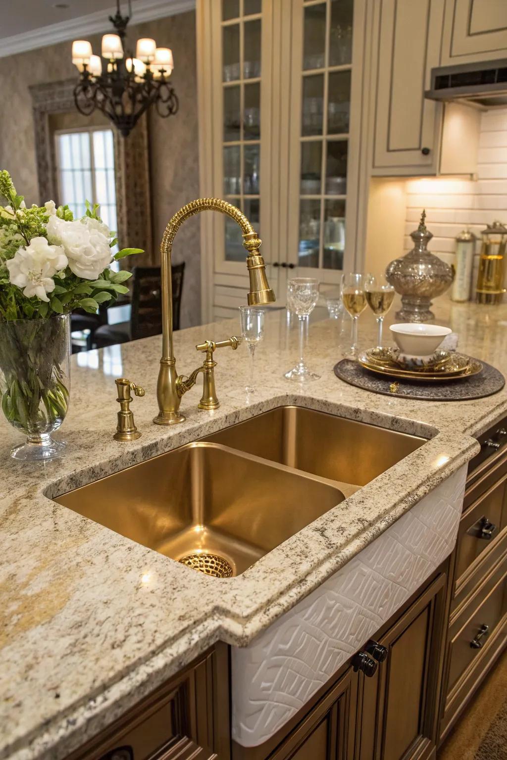 A brass undermount sink that commands attention in an exquisitely designed kitchen.