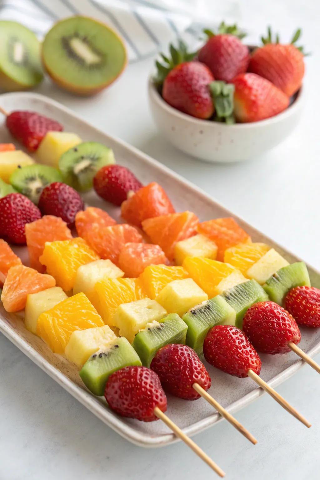 Colorful and nutritious prism fruit kabobs.