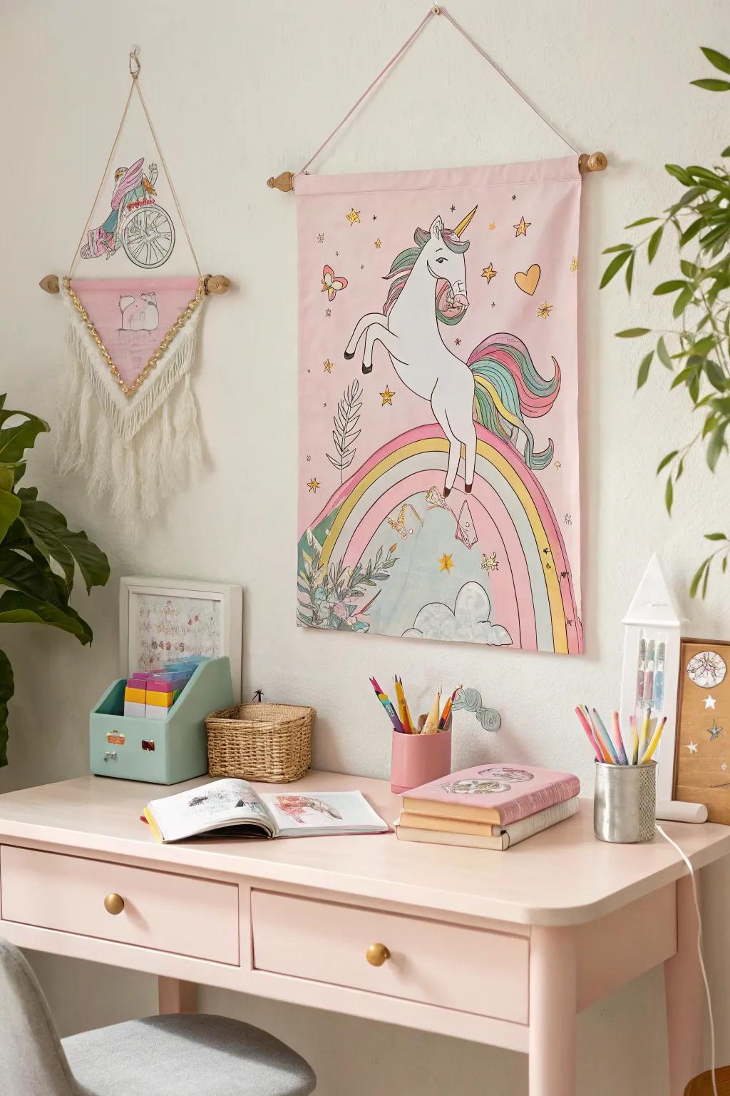 Charming wall adornments adding allure to a unicorn-inspired room.