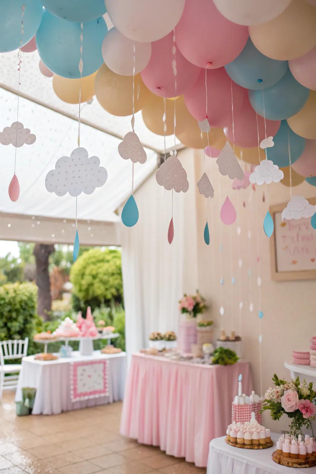 Serene paper puffs and drizzle strands suspended from the ceiling.