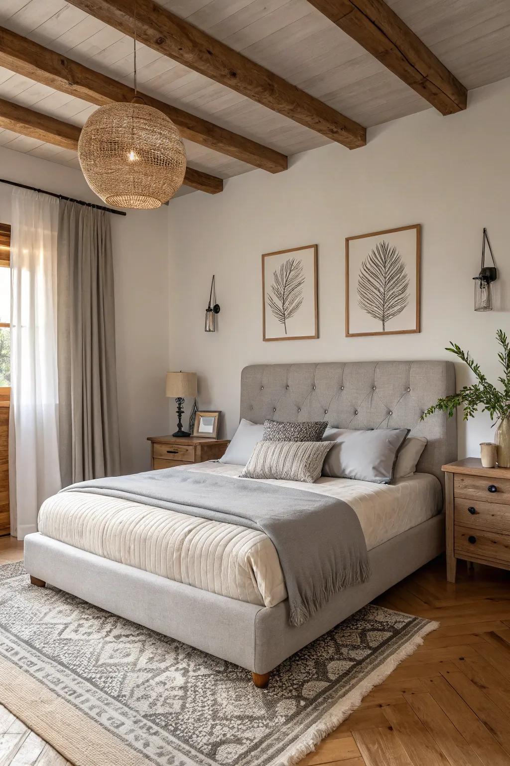 This bedroom has a peaceful and serene atmosphere thanks to the neutral hues.