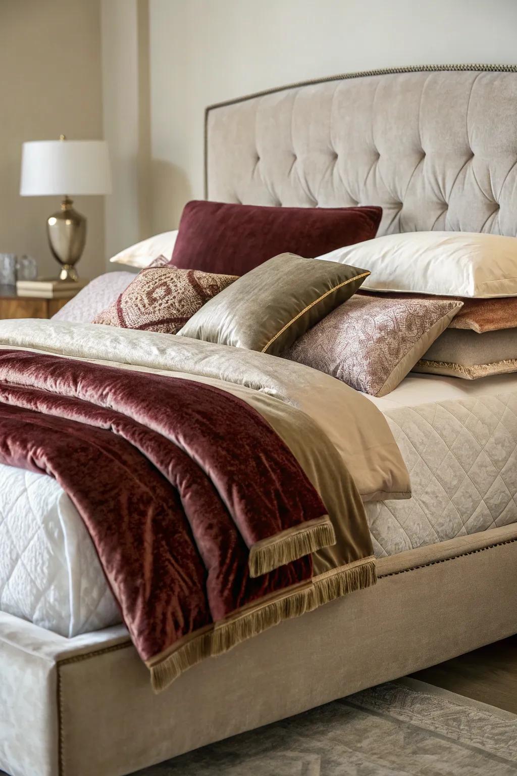 Layered bedding produces a rich texture against a padded backdrop.