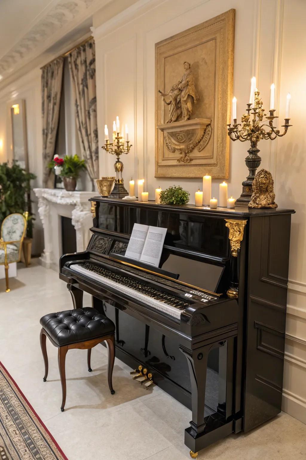 A sophisticated setting featuring an upright piano tastefully adorned with sculptures and candles.