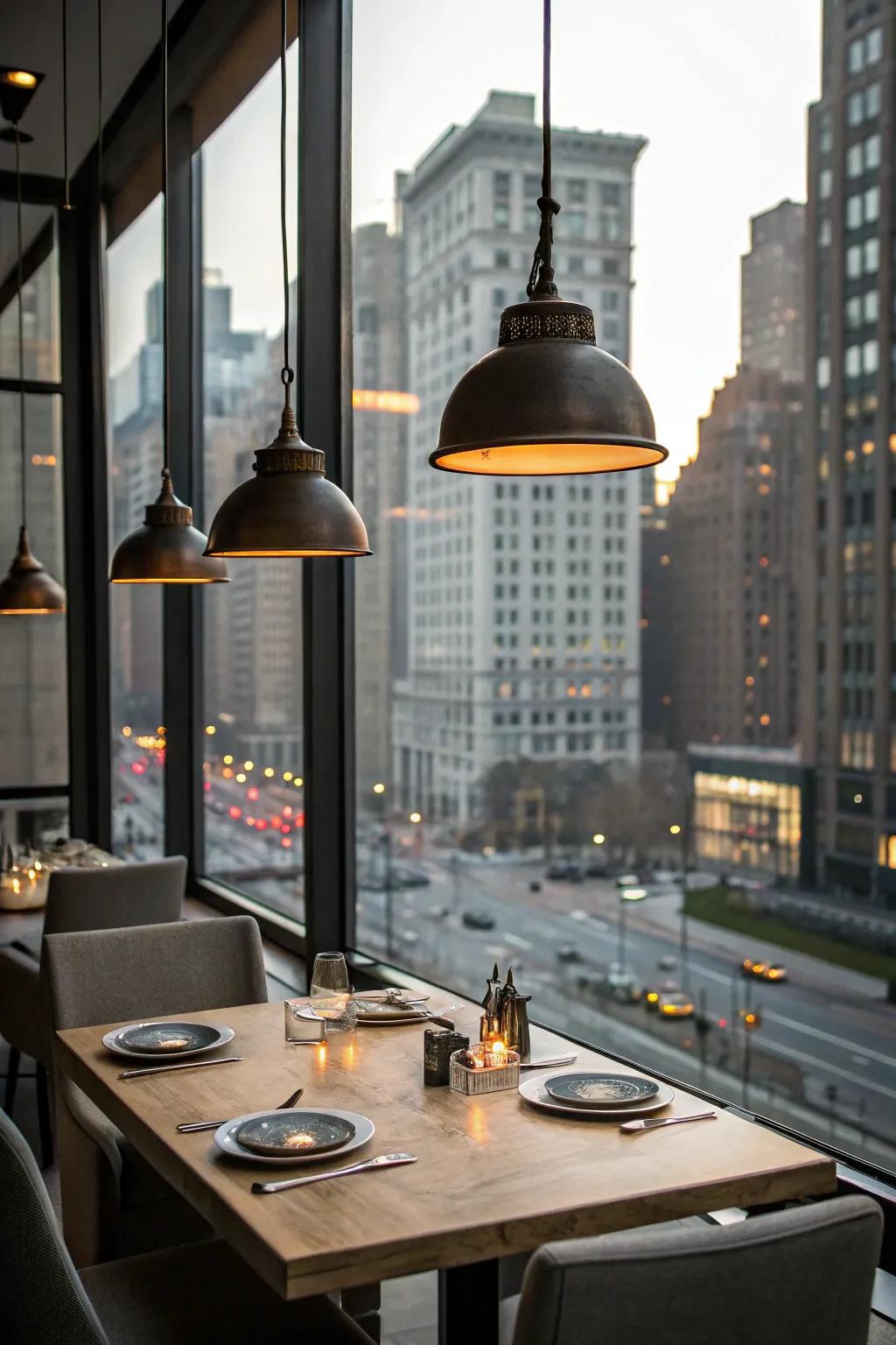 Industrial illumination elements enrich personality and warmth.