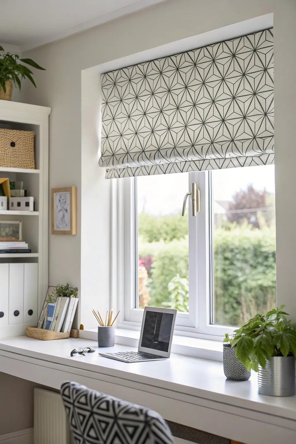 A contemporary home office featuring a window with a geometric pattern valance.