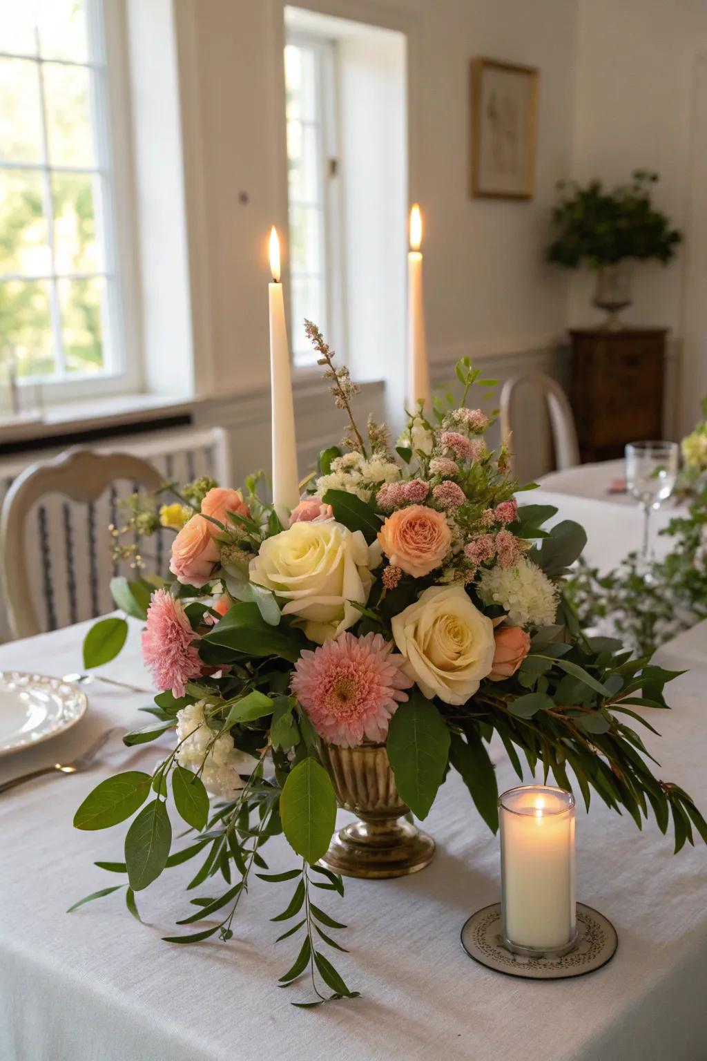 A romantic table ambiance featuring candles and floral pieces.