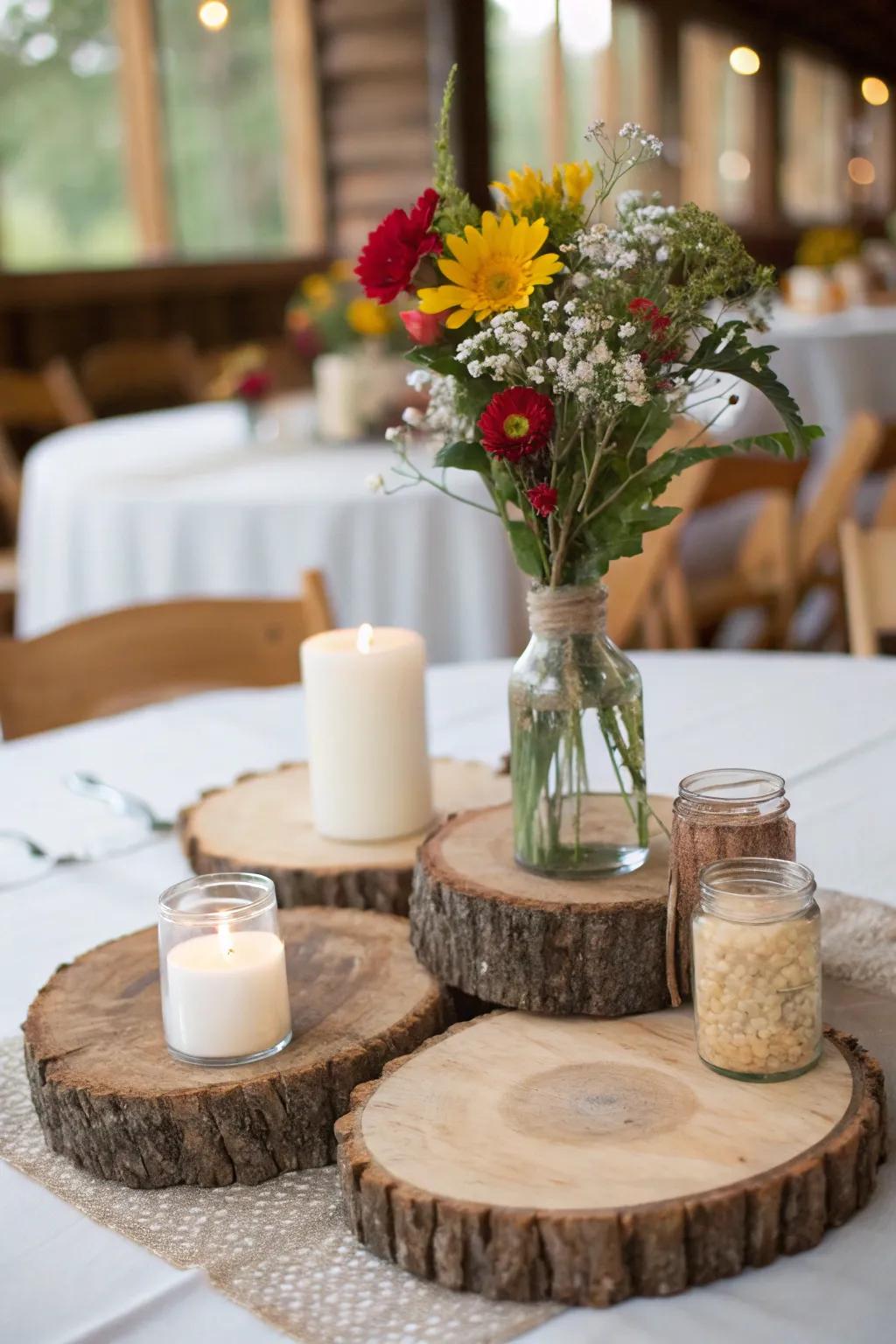 Rustic charm with heartwood and floral accents.