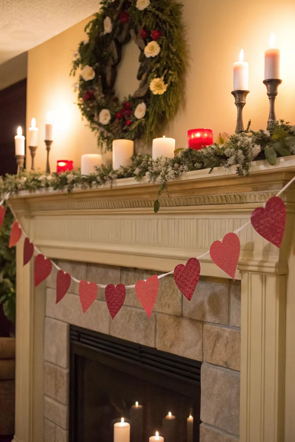 Charming mantel with a heart garland and soft candlelight