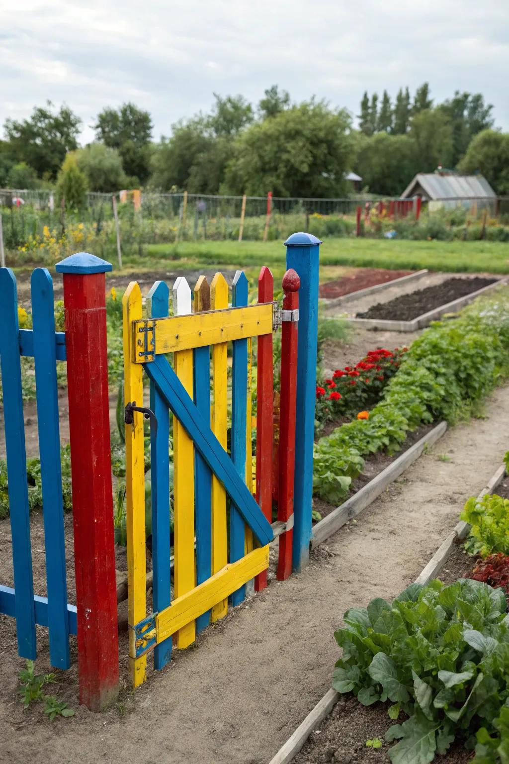 A playful colored gate that fills the garden with delight.