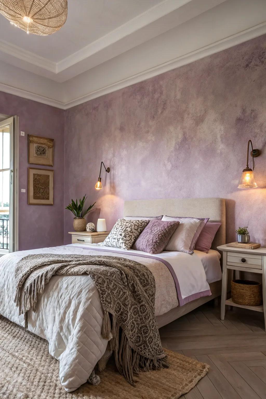 Obtain calmness using muted Venetian plaster colors in the bedroom.