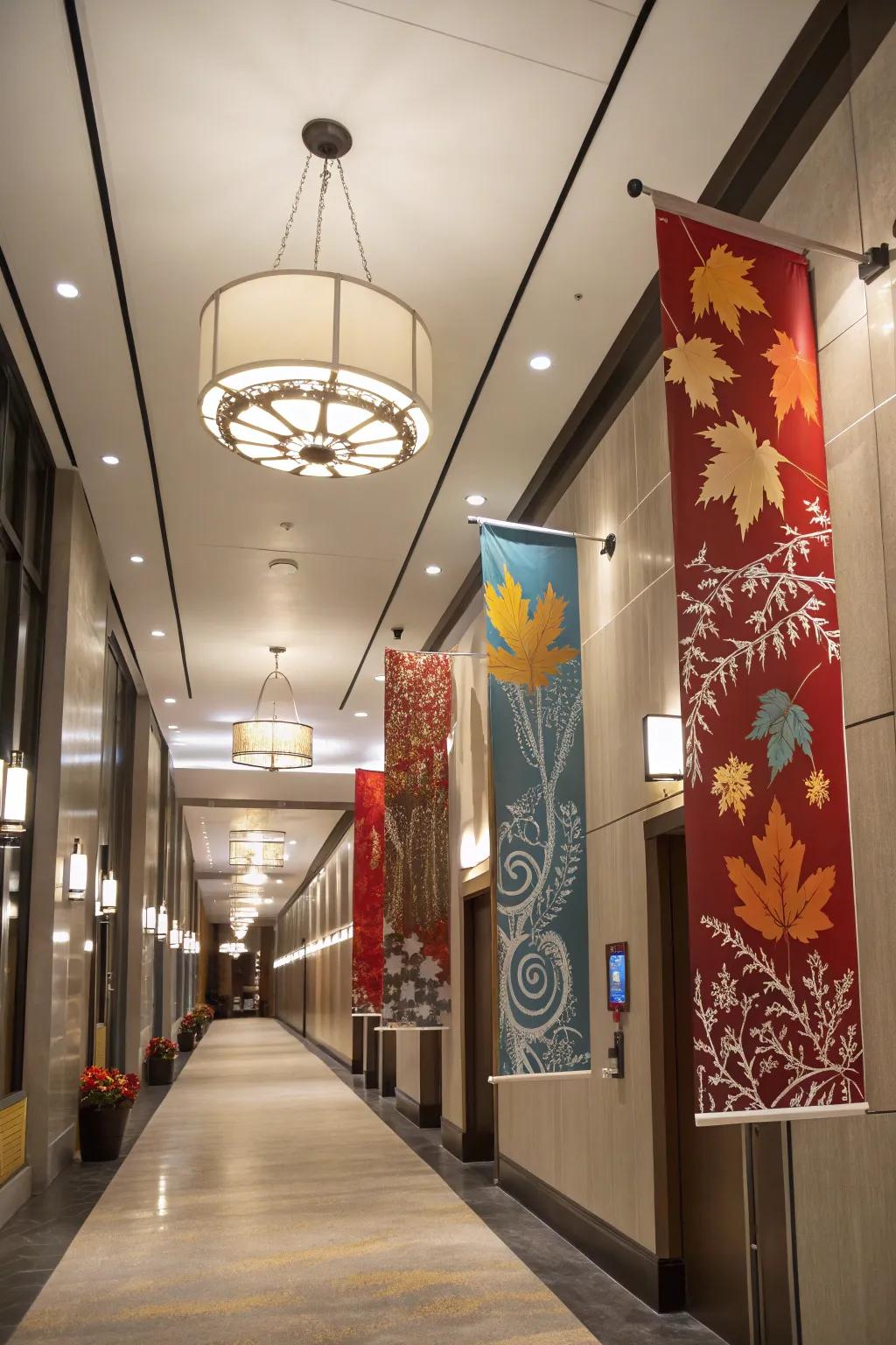 A hallway receives a dynamic touch from seasonal vertical banners.