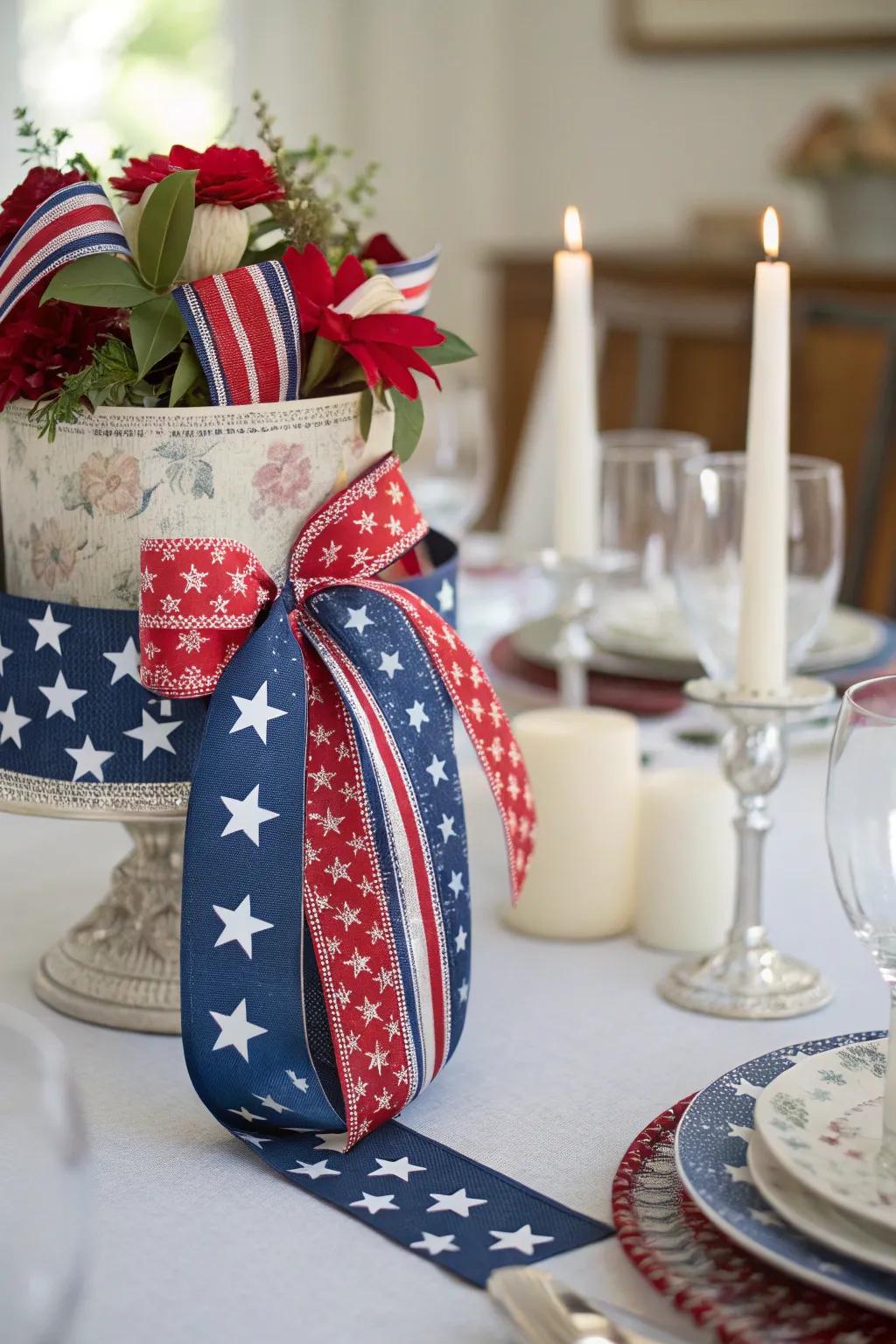 A creative handmade centerpiece with stars and bands.