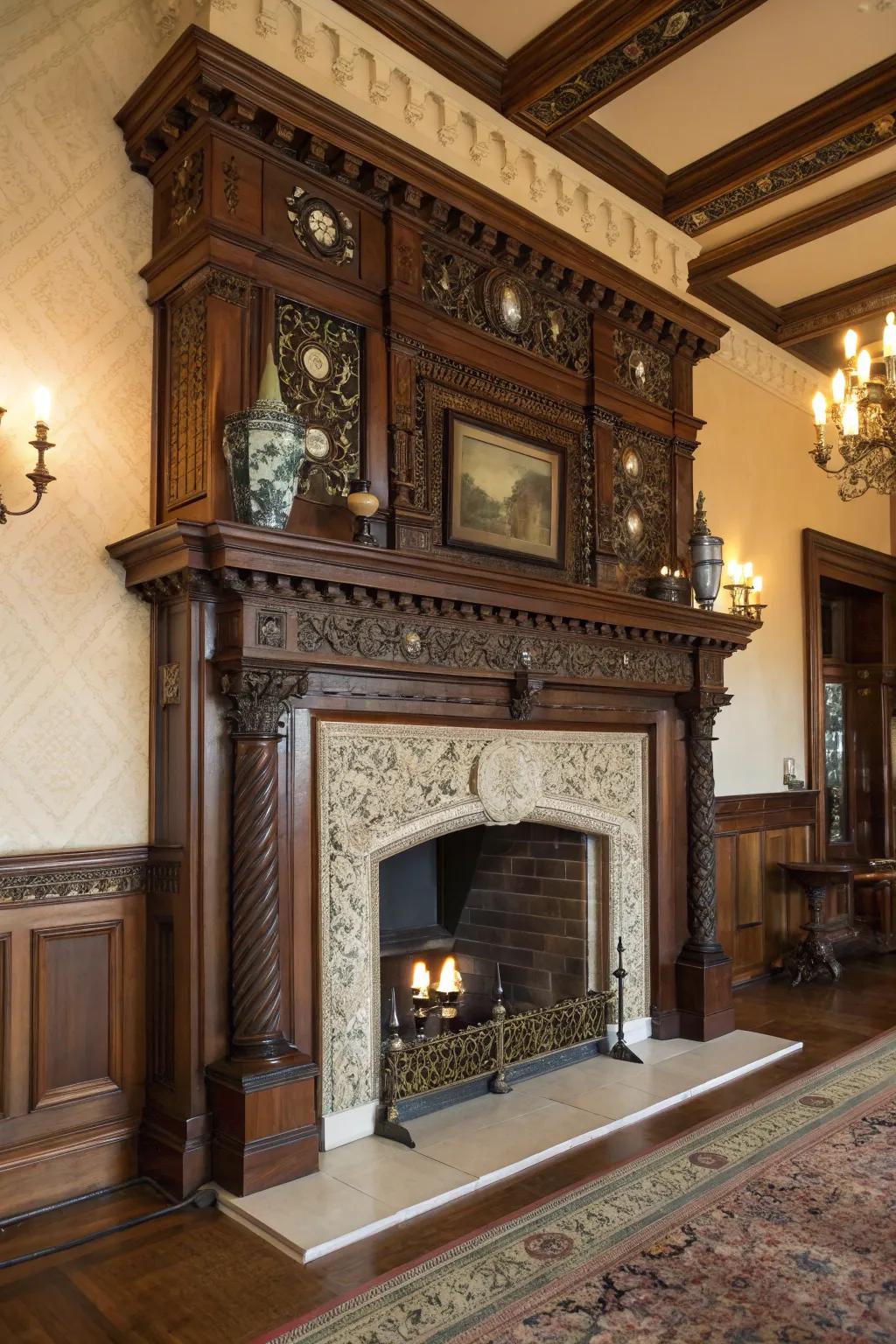An ornamental hearth elevates the chamber's classic allure.