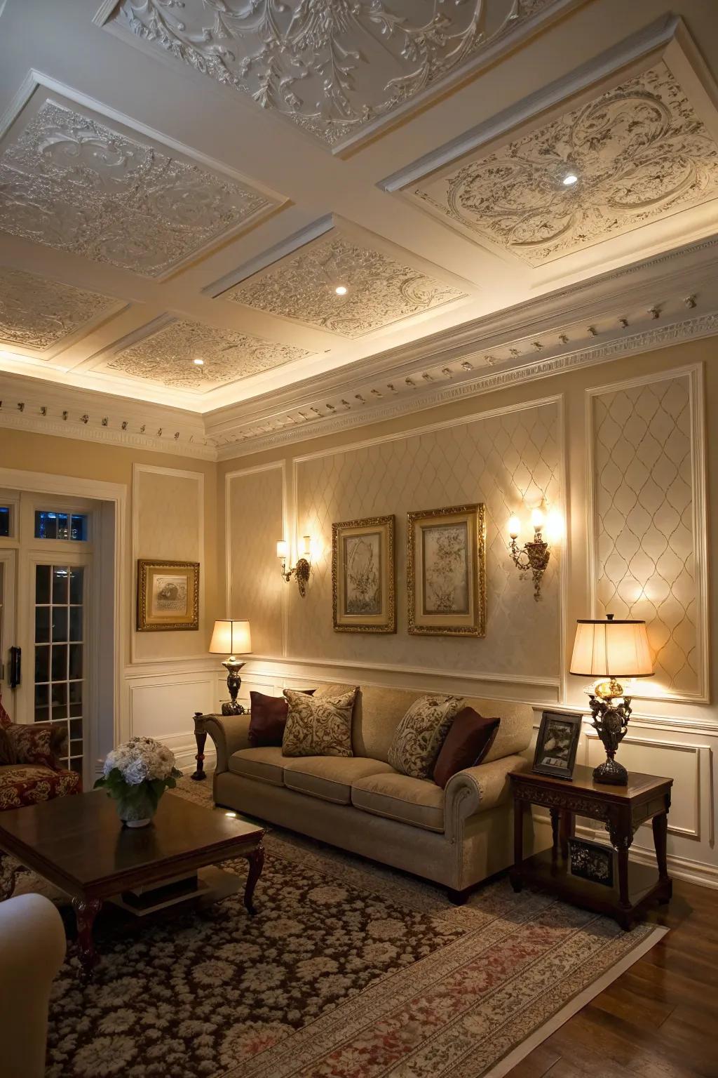 Ornamental moldings contribute historical sophistication to this Victorian-style space.