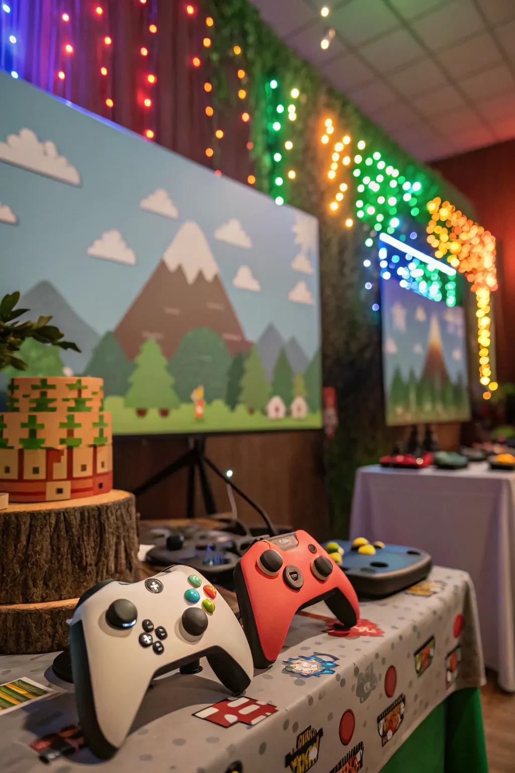 A gaming-themed backdrop sets the stage for fun photos.