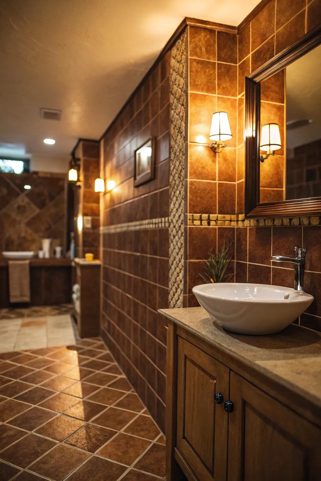 Soft lighting highlights the rich shades of brown tiles.