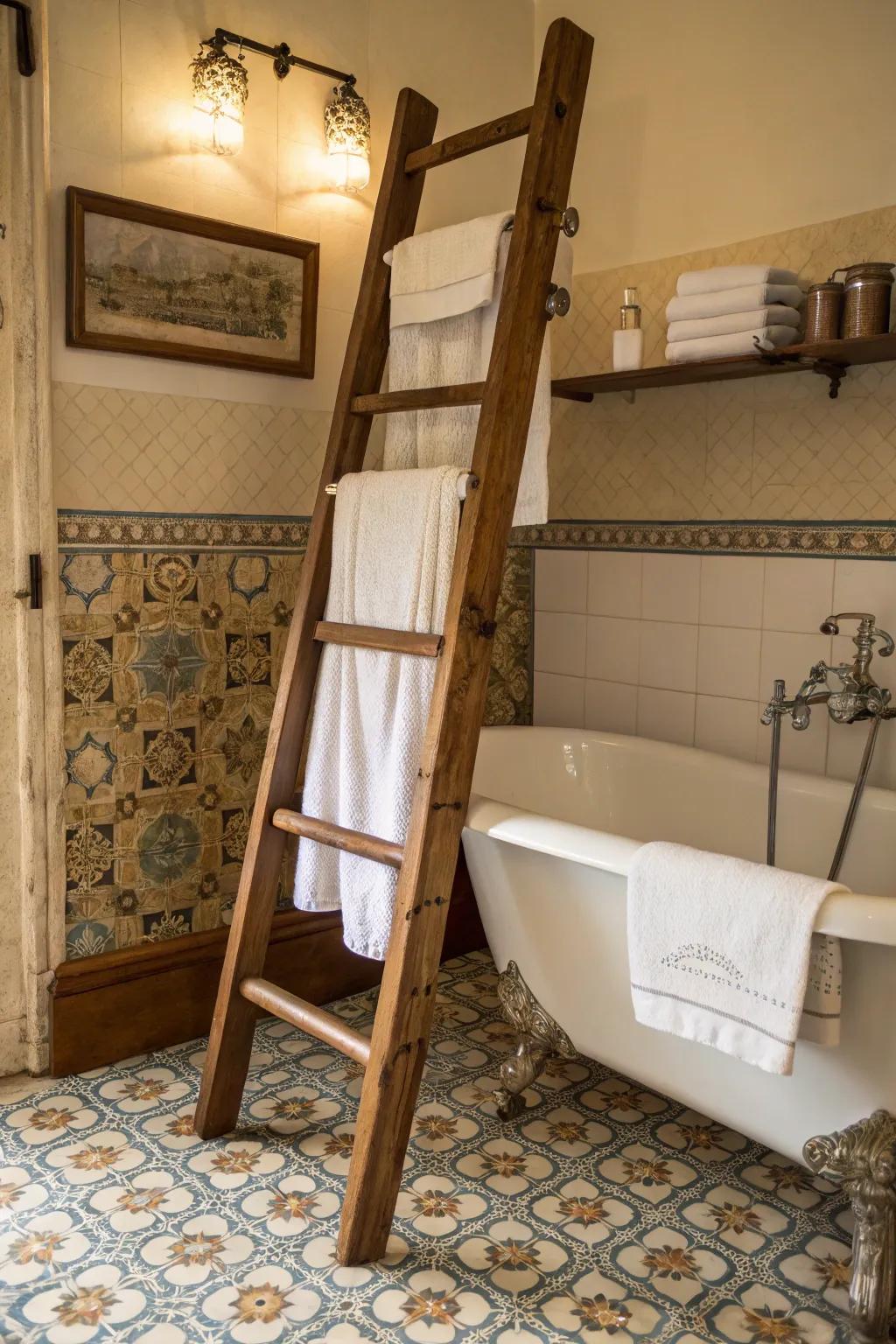 A vintage ladder creatively repurposed as a charming towel rack.
