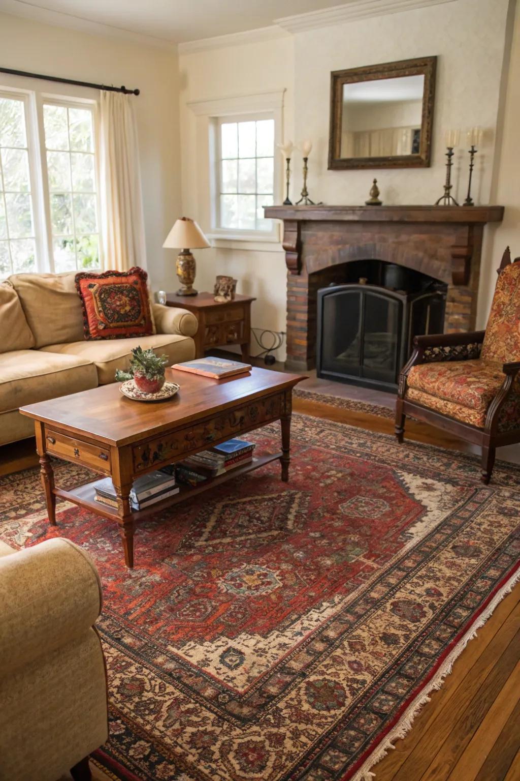 A warm living room featuring a woven rug and retro furniture.