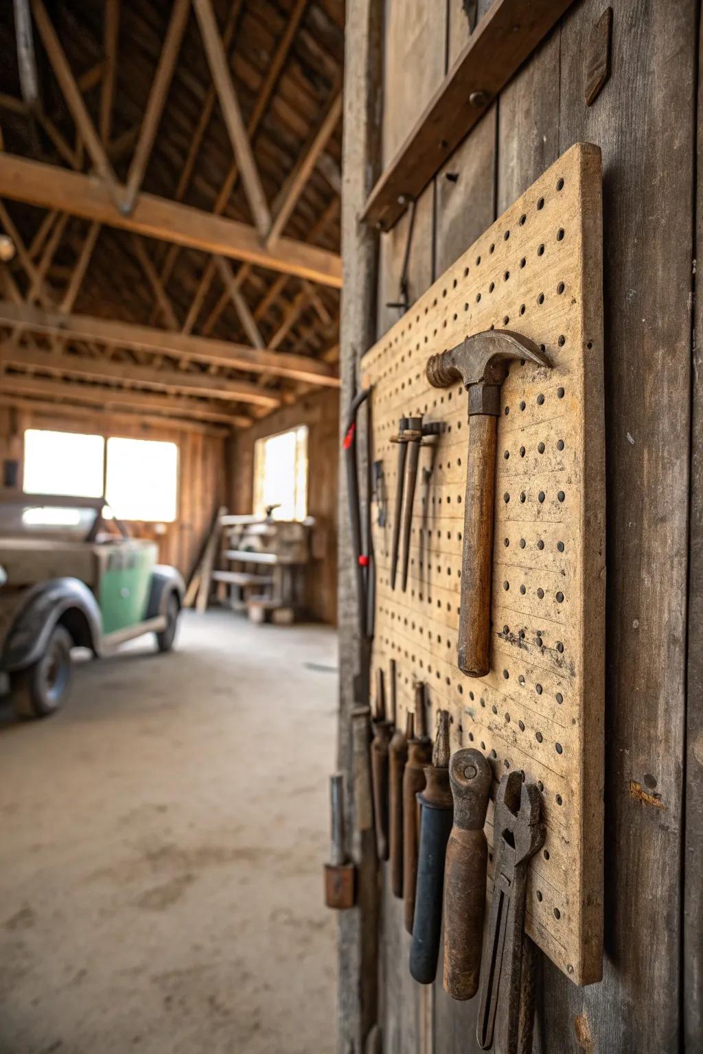 Antique implements contribute genuineness and charm to a garage.