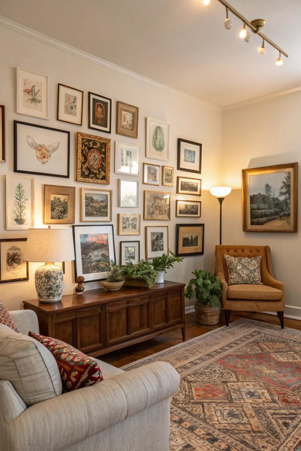 Artwork that spans time periods adds depth and personality to your family room.