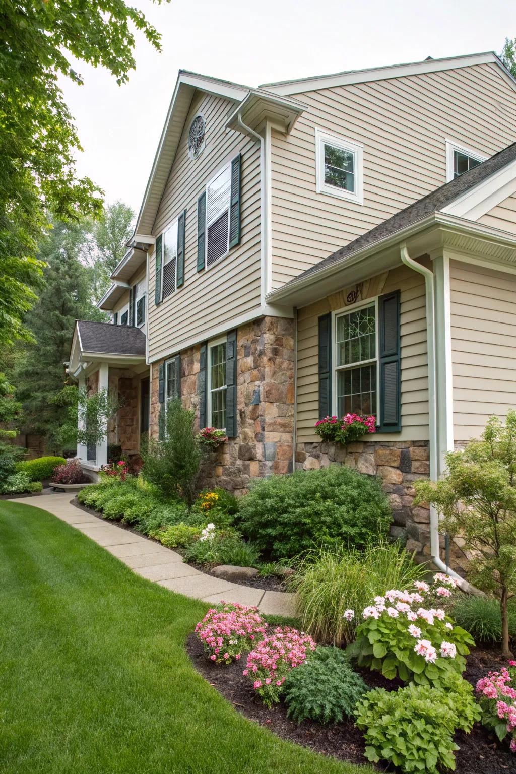 Blend vinyl with stone or brick for a welcoming and individual facade.