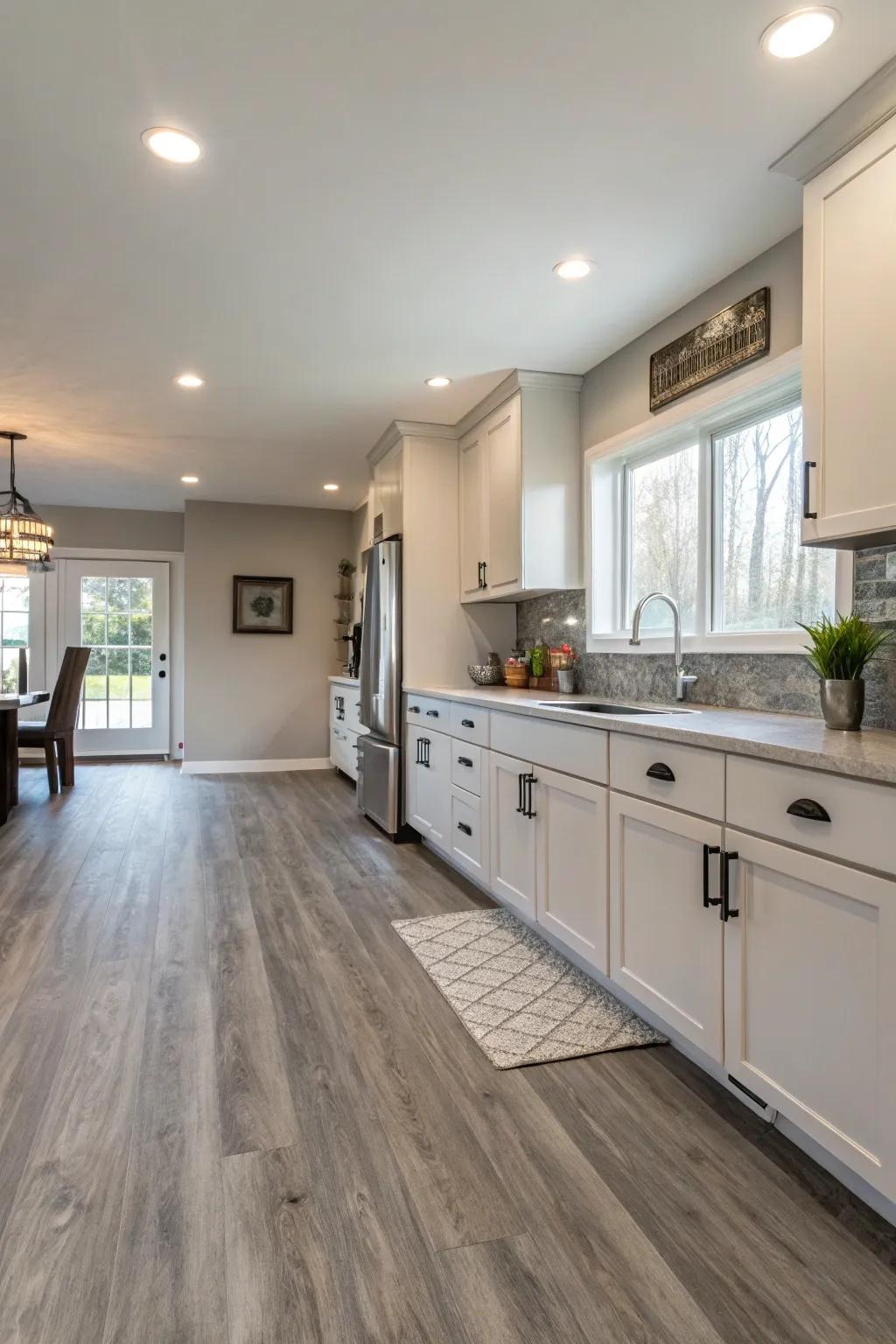 Warm gray vinyl floors ensure ageless sophistication.
