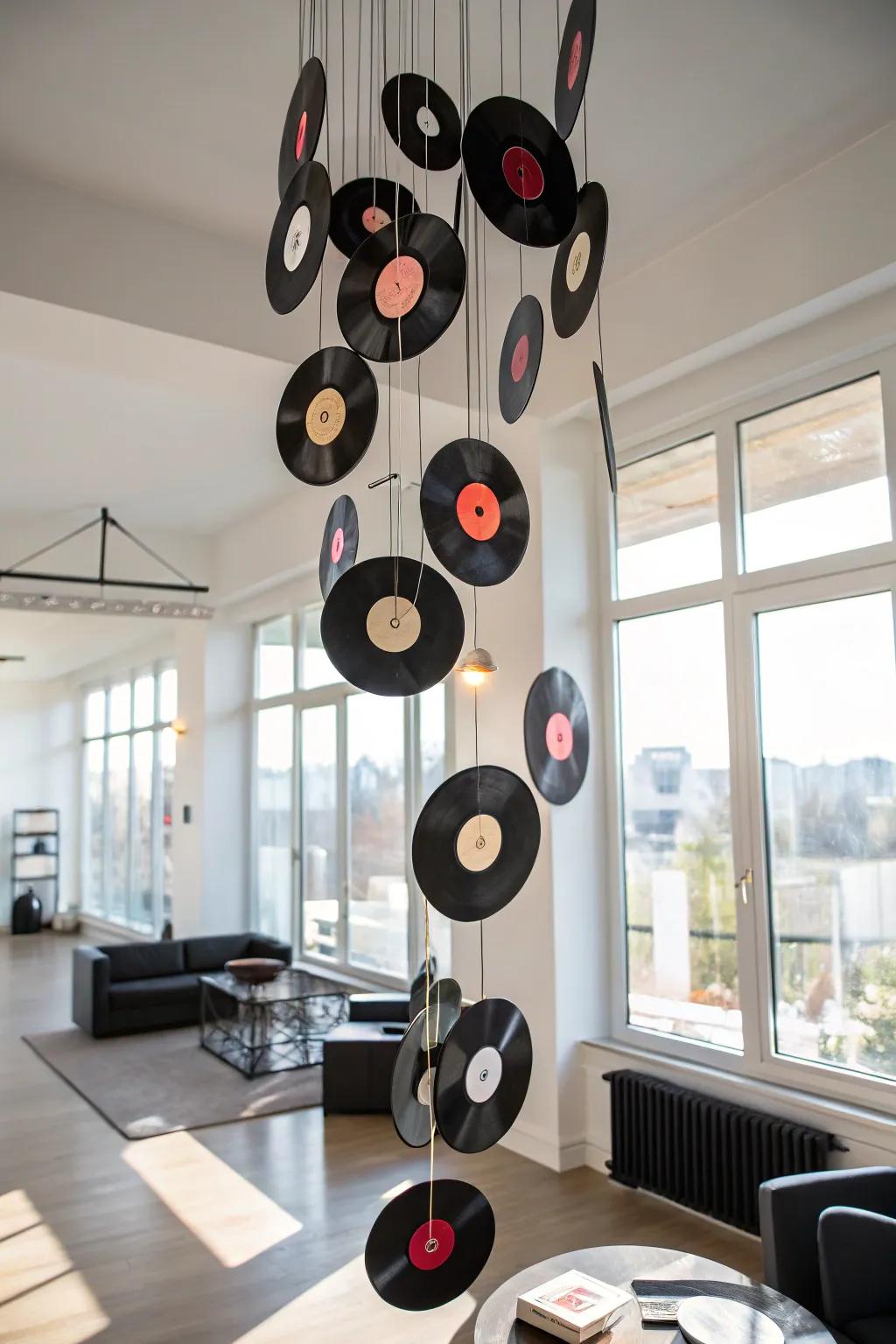 Infuse dynamic flair into your space with a vinyl record mobile.