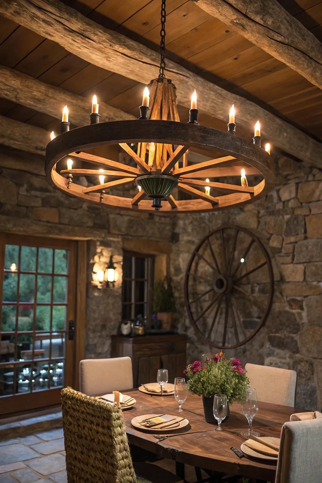 A cartwheel converted into an elegant overhead light fixture above a main dining table.