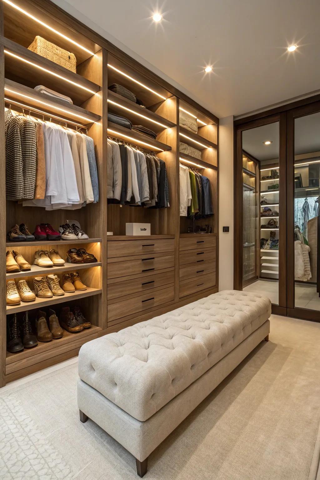 A luxurious bench nestled in a walk-in closet, perfect for relaxed dressing.