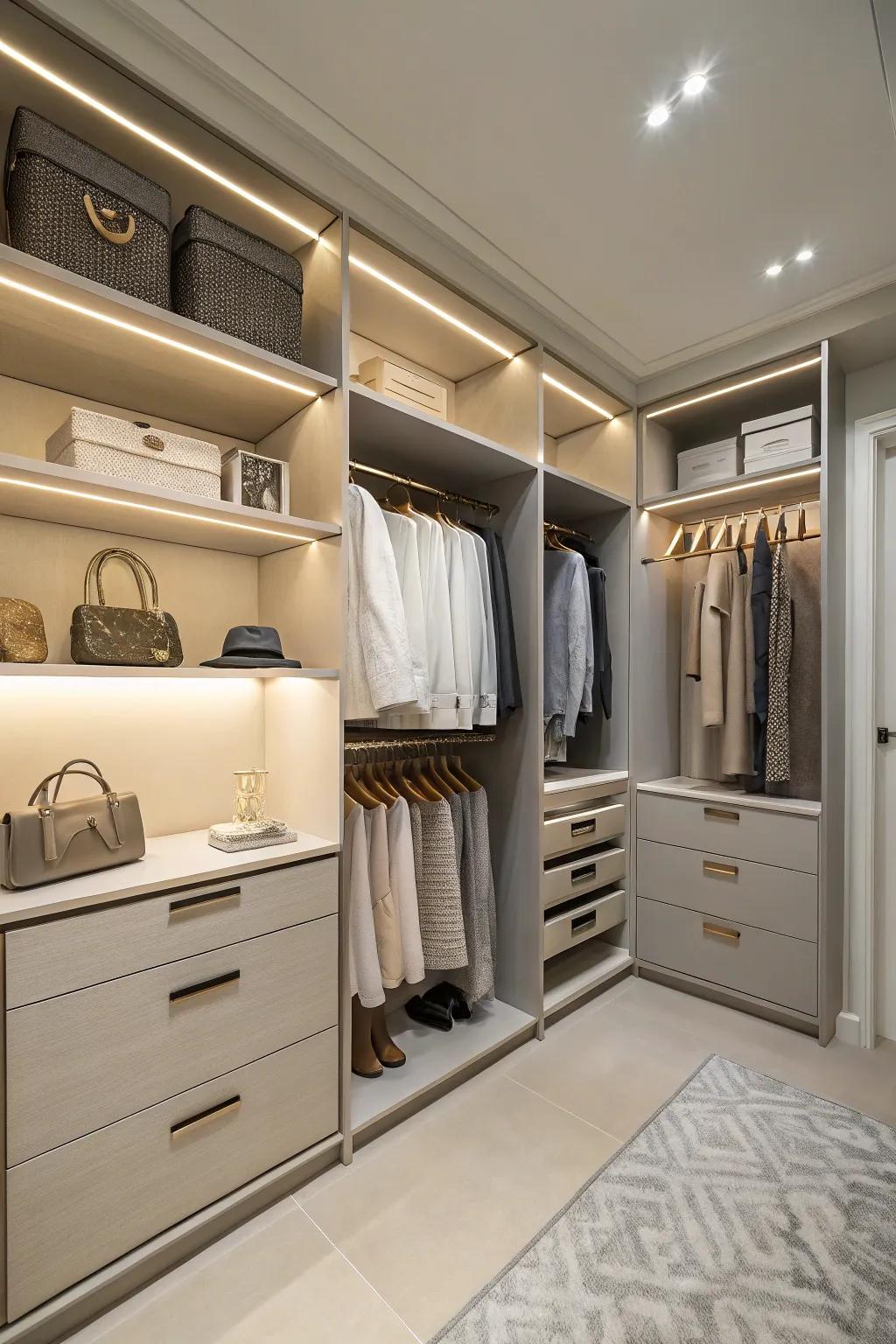 Neutral colors make the closet feel peaceful and roomy.