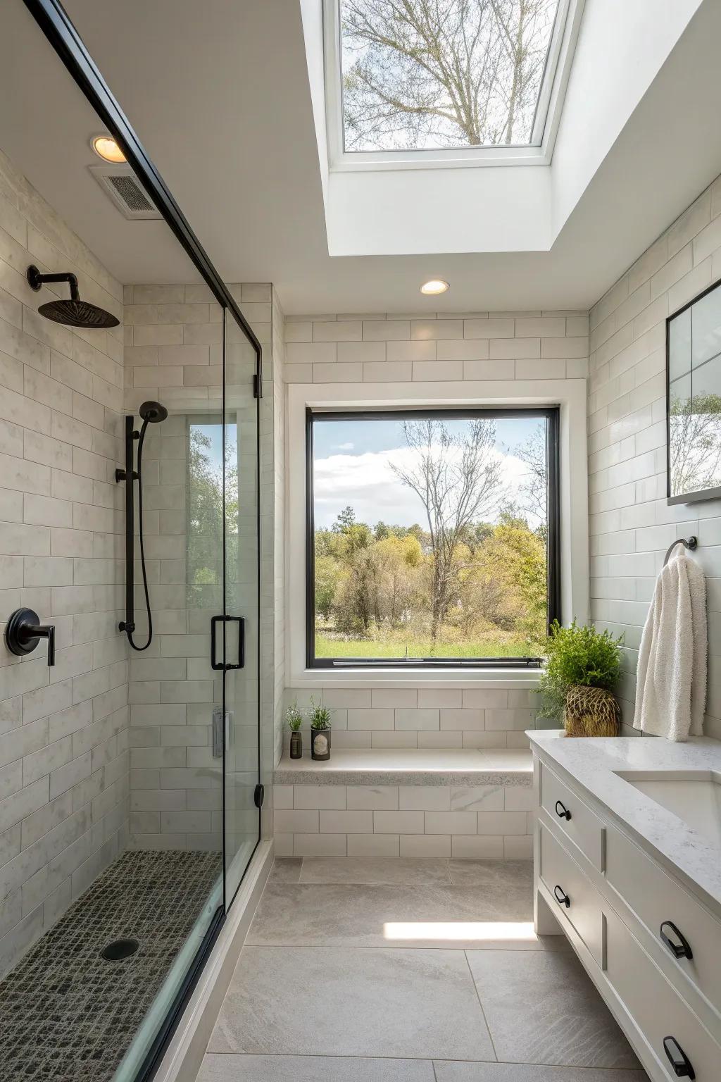 A horizontal accent window in a walk-in shower, adding a touch of elegance without sacrificing privacy.