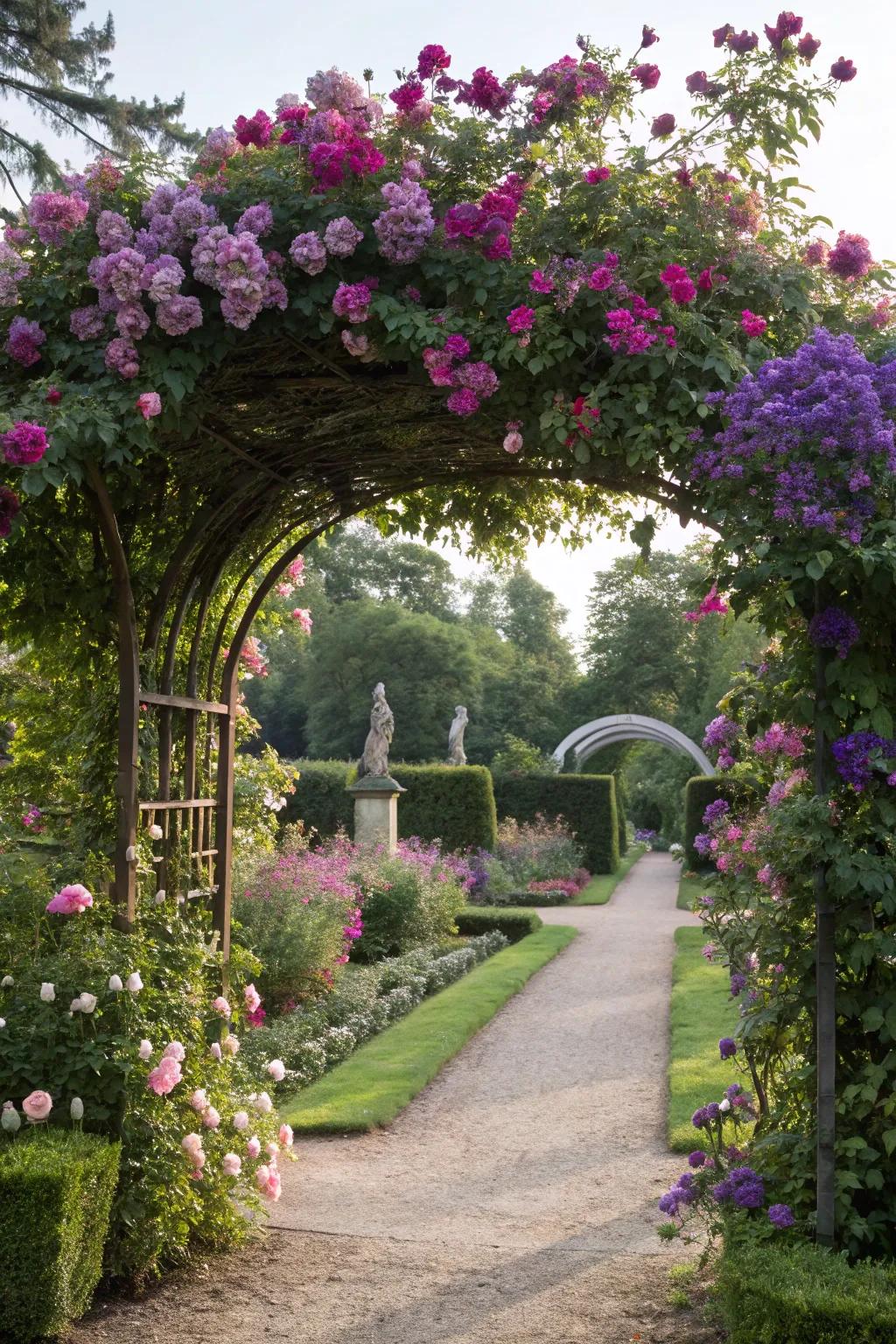 Flowering archways introduce vibrant coloration and fragrance to your garden pathway.