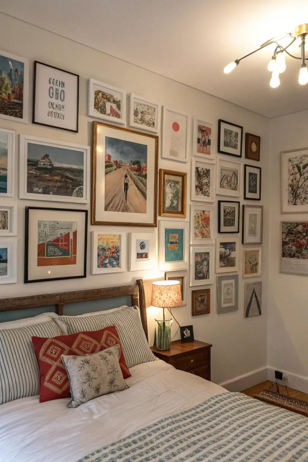 Collection displays provide a vibrant and tailored art showcase in your bedroom.