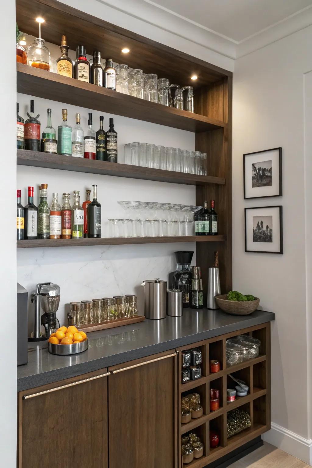 A compact bar alcove takes full advantage of area while delivering all the must-haves.