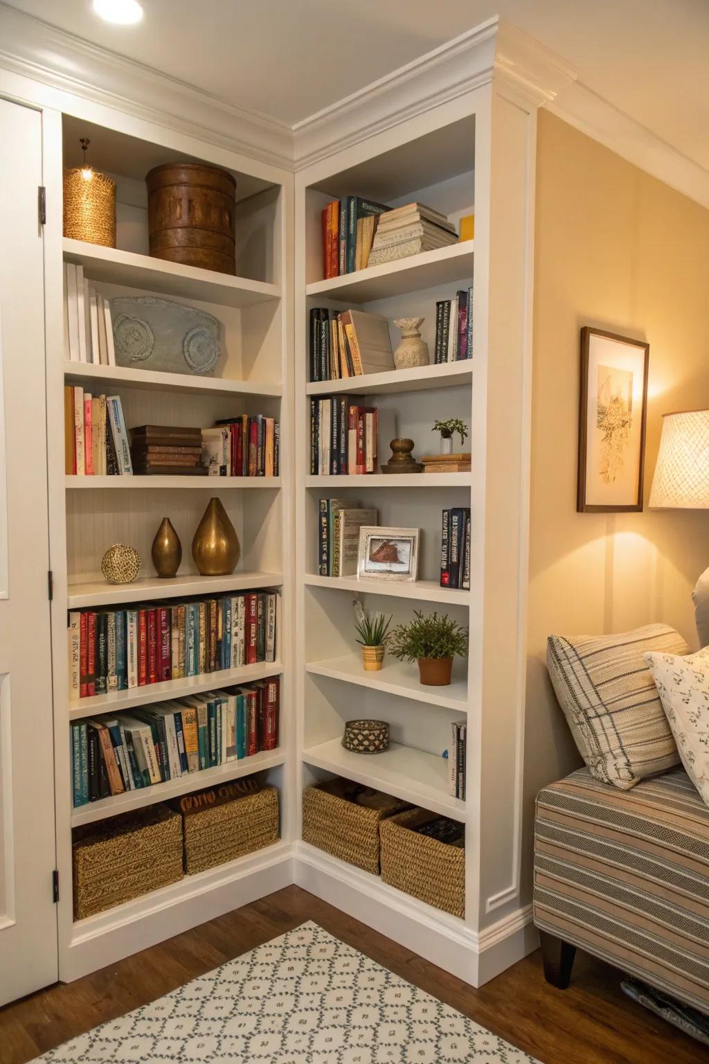 Angled shelves maximize storage in limited spaces without creating clutter.