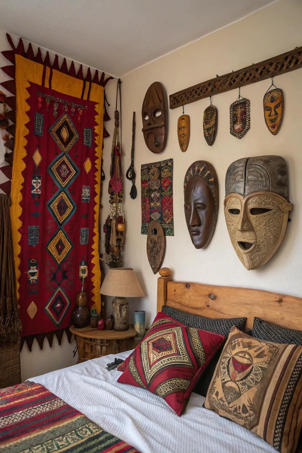 Cultural items contribute an individual and artistic dimension to the bedroom.