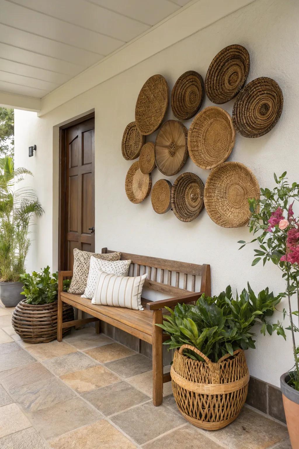 Woven baskets contribute texture and warmth.