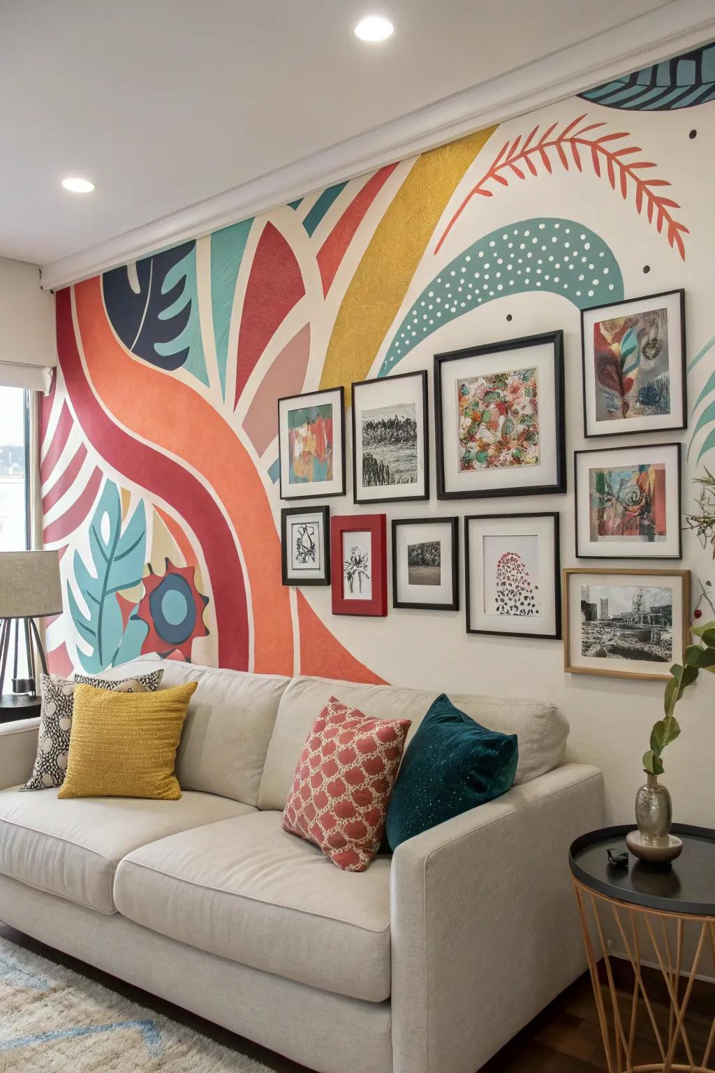 An artistic wall painting as a backdrop enhancing a hall of recognition.