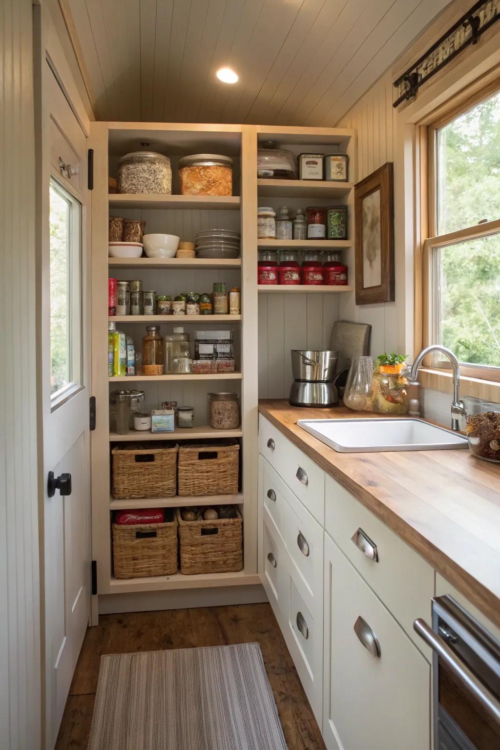 A compact wall pantry optimizes small kitchen space.