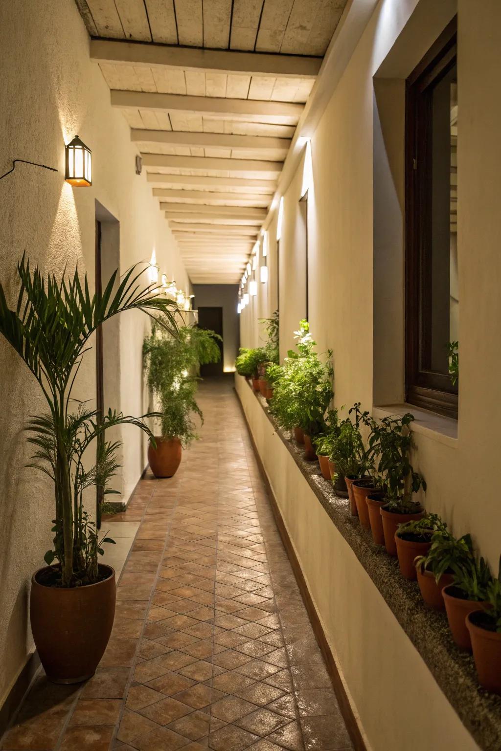 Flora on slender projections establishes an enchanting corridor of verdure.