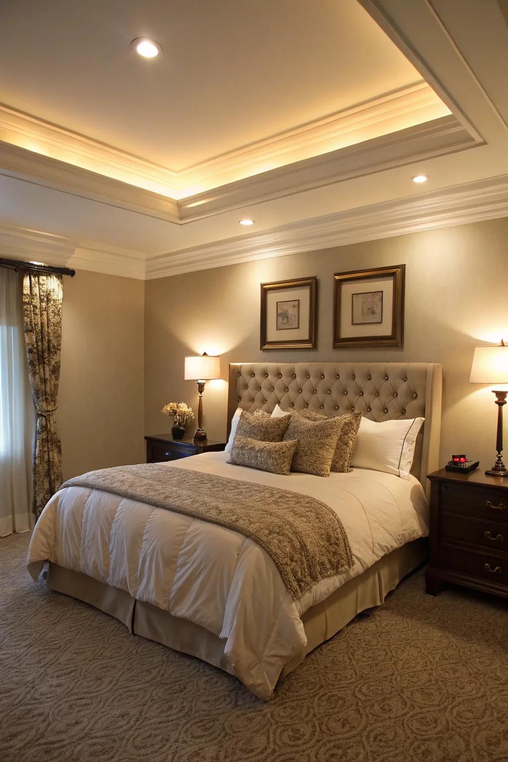 Ceiling border introduces a majestic element to this inviting boudoir.