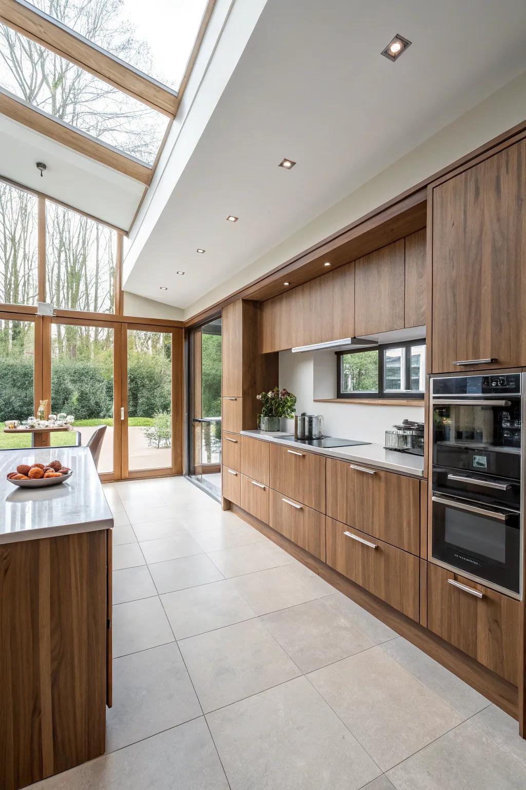 Open-concept layouts amplify the sophistication of walnut units.